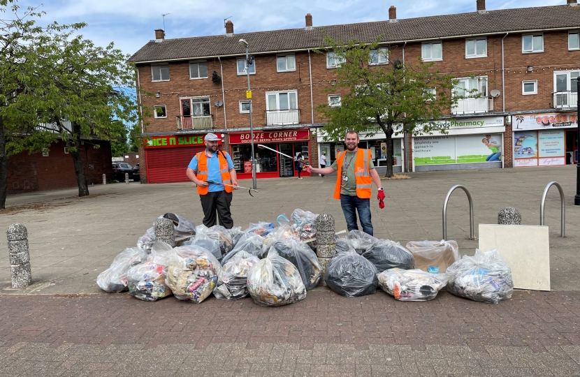 The New Invention Square Litter Pick with Councillors Adam Hicken and Oliver Butler